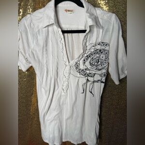 White Ruffled Graphic Polo Button Down Shirt